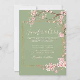 Invitación Jardín Encantado Verde Salvia y Flor de Cerezo Ros