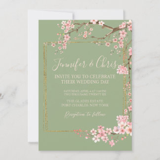 Invitación Jardín Encantado Verde Salvia y Flor de Cerezo Ros