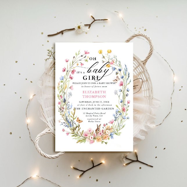 Invitación Jardín encantado Wildflower Bunny Bird Baby Shower (enchanted garden baby shower invitation woodland forest bird butterfly rabbit spring summer)