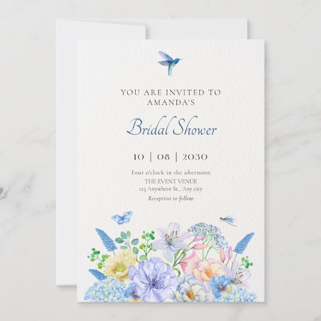 Invitación Jardín estético de flores azules (Anverso)