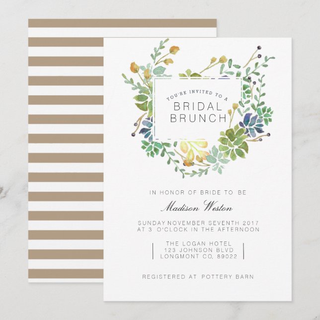 Invitación Jardín exitoso | Floral Watercolor Bridal Brunch (Anverso / Reverso)