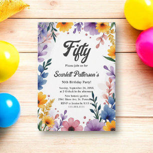 Invitación Jardín Floral Acuarela Boho Verano Cumpleaños 50