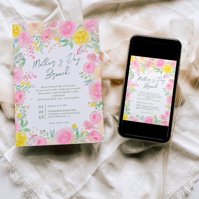 Invitación Jardín floral amarillo rosa día de la madre acuare (Subido por el creador)