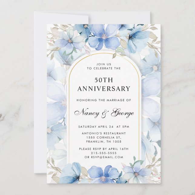 Invitación Jardín floral azul 50° aniversario Boda (Anverso)
