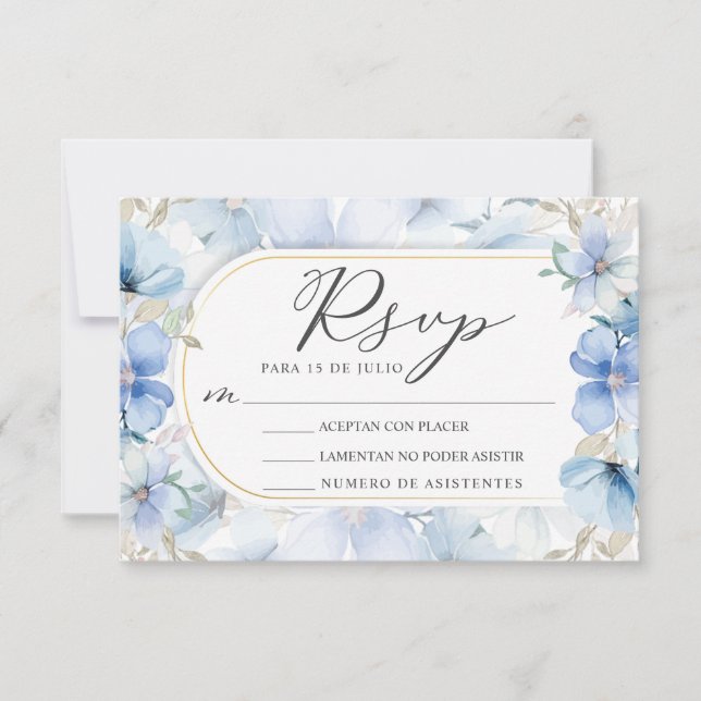Invitación Jardín floral azul de marco dorado Nuestra Boda RS (Anverso)
