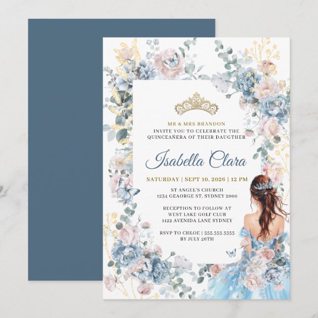 Invitación Jardín floral azul real Quinceanera (Anverso / Reverso)