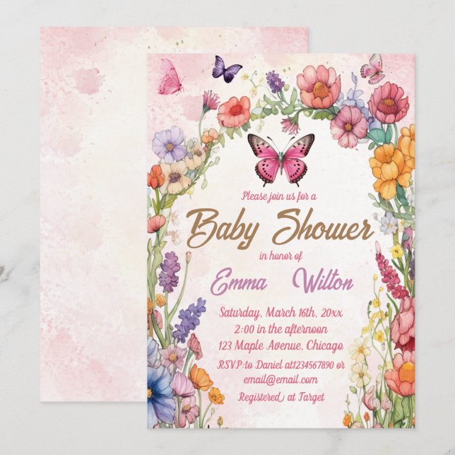 Invitación Jardín floral Baby Shower de mariposa rosa (Anverso / Reverso)