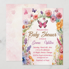 Invitación Jardín floral Baby Shower de mariposa rosa