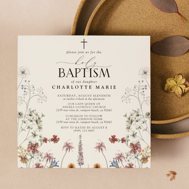 Invitación Jardín floral Bautismo Santo acuarela Flor silvest (Holy Baptism Invitation)