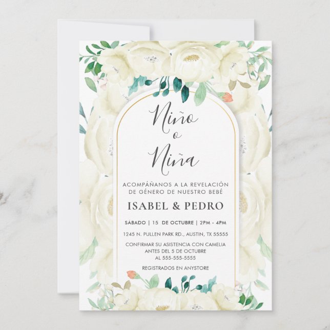 Invitación Jardín floral blanco moderno Revelación de género  (Anverso)