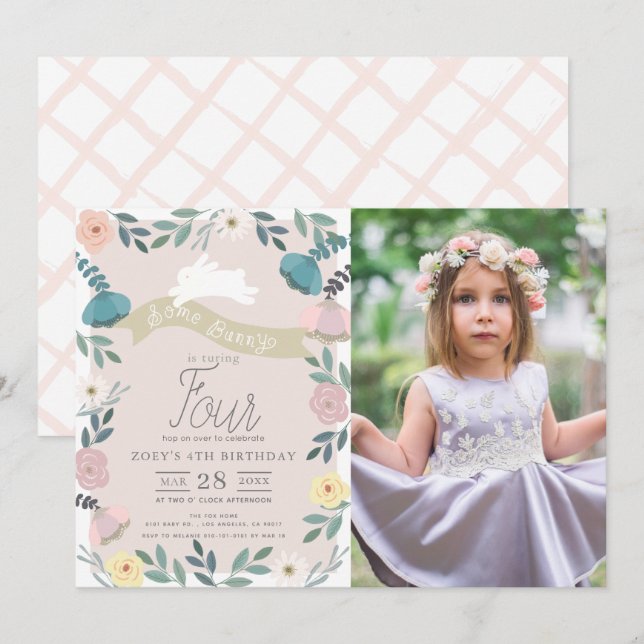 Invitación Jardín floral Chica conejo blanco rosado foto cump (Anverso / Reverso)