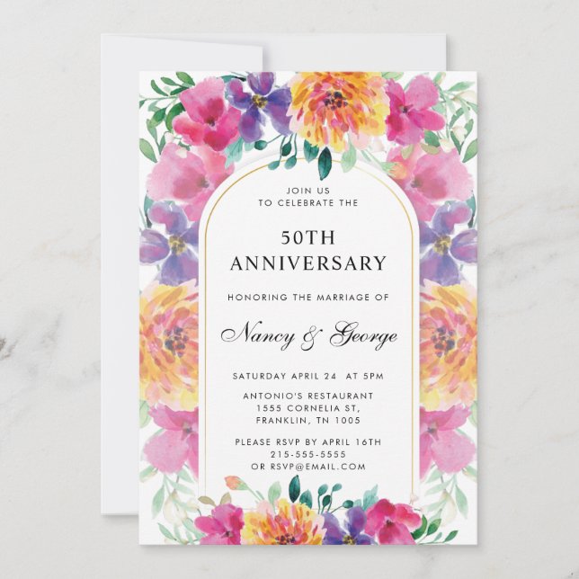 Invitación Jardín floral colorido 50 aniversario Boda (Anverso)