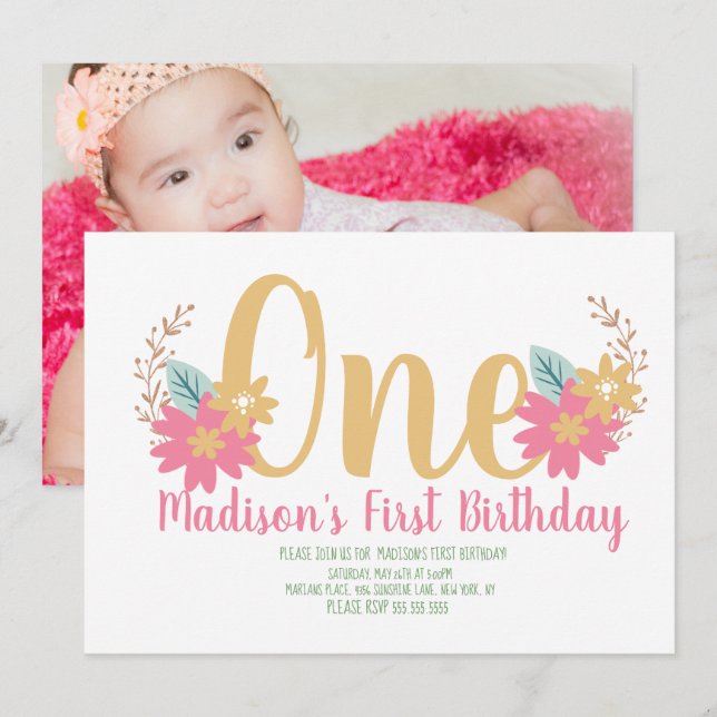 Invitación Jardín Floral Cumpleaños Primera Fiesta Rosa (Anverso / Reverso)