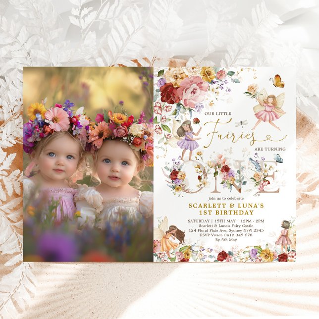 Invitación Jardín floral de los Chicas gemelos Fairy First Bi (Subido por el creador)