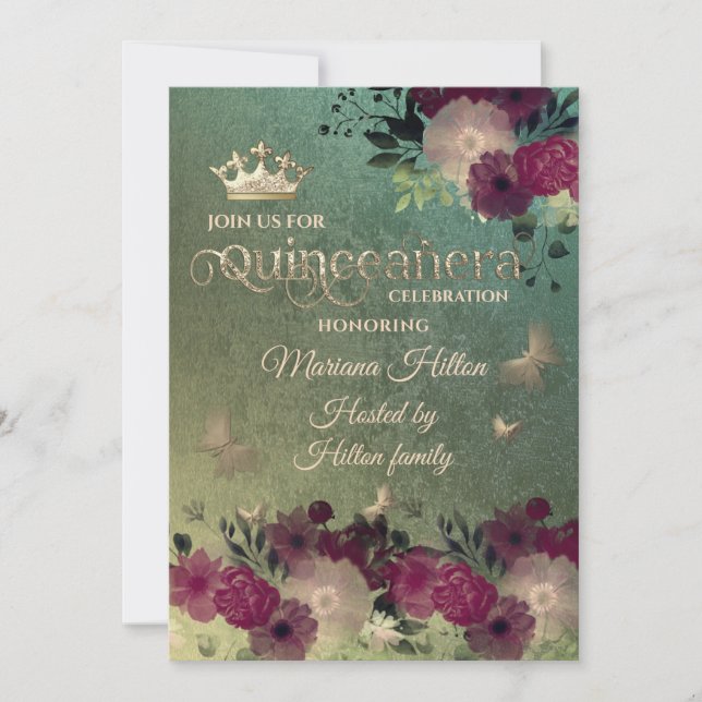 Invitación Jardín floral de mariposa gris verde Quinceañera (Anverso)