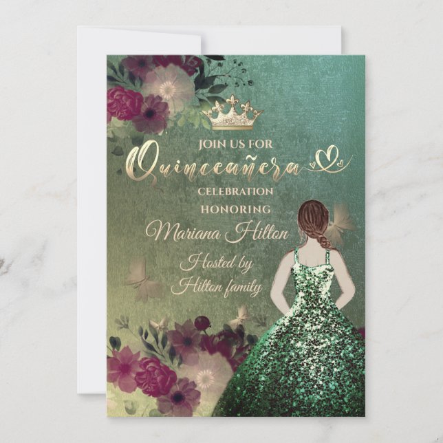 Invitación Jardín floral de mariposa gris verde Quinceañera (Anverso)