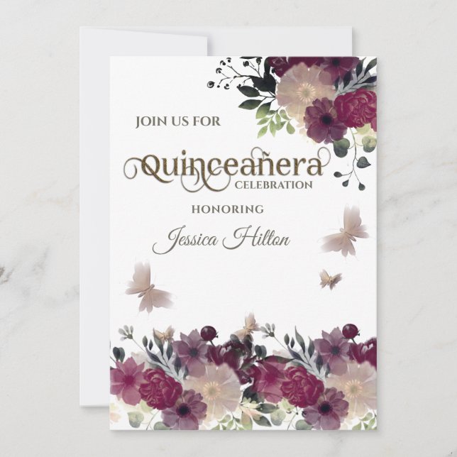 Invitación Jardín floral de mariposa Quinceañera verde (Anverso)