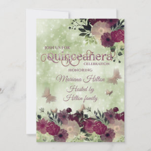 Invitación Jardín floral de mariposa verde Quinceañera