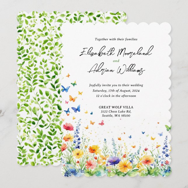 Invitación Jardín Floral de Mariposas de Primavera (Anverso / Reverso)