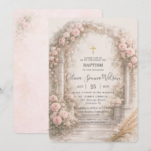 Invitación Jardín floral de trigo rosa sonrosado Bautizo