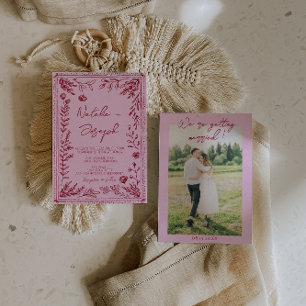 Invitación Jardín floral dibujado frambuesa rosa Foto Boda 
