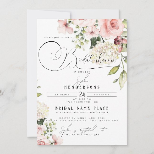 Invitación Jardín Floral Dusty Rosa Verdor Ducha de novia (Anverso)