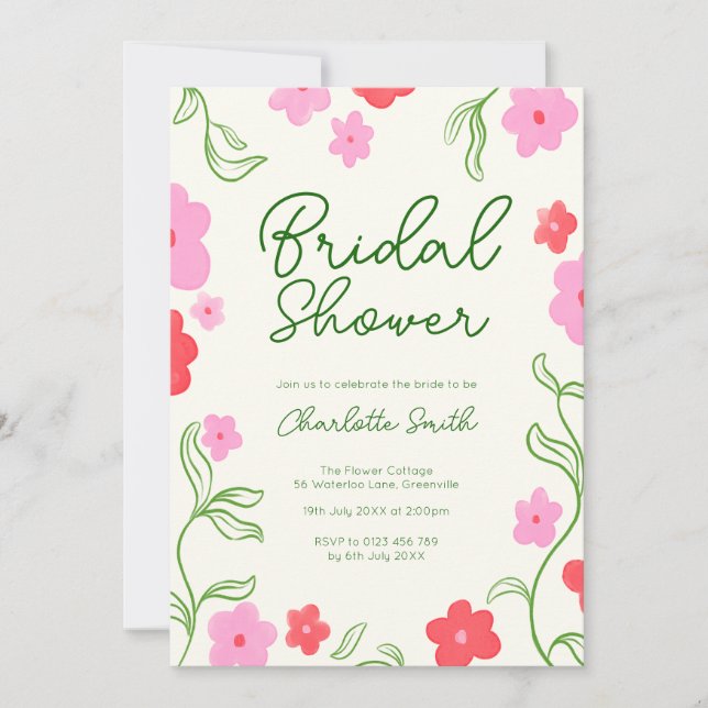 Invitación Jardín floral lindo y brillante ducha de novia (Anverso)