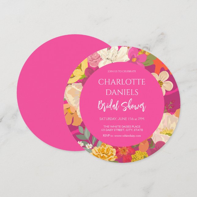 Invitación Jardín Floral Pink Bridal Shower (Anverso / Reverso)