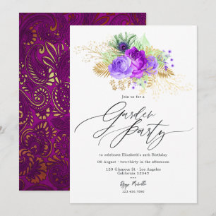 Invitación Jardín floral púrpura y dorado inspirado en Mardi 