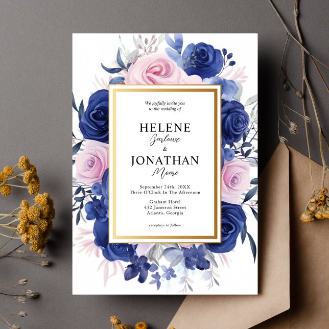 Invitación Jardín floral rosa azul de la Marina Elegante Boda (Navy Blue Pink Floral Garden Elegant Wedding Invitation)