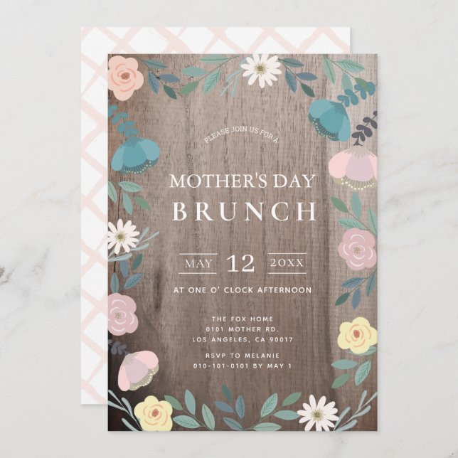 Invitación Jardín floral Rústica Madera Brunch del Día de la  (Anverso / Reverso)