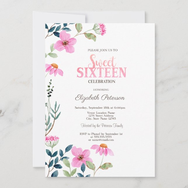 Invitación Jardín Flores Rosadas Dulces 16 (Anverso)