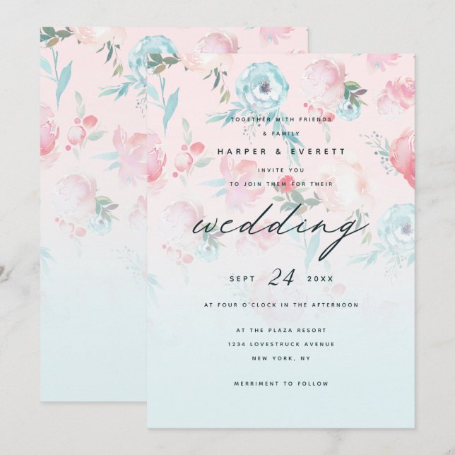 Invitación Jardín francés rosado Ombre Shabby Floral Boda (Anverso / Reverso)