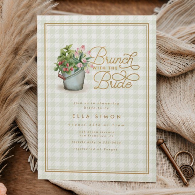Invitación Jardín Gingham Sage Gold Bridal Shower Brunch (Subido por el creador)