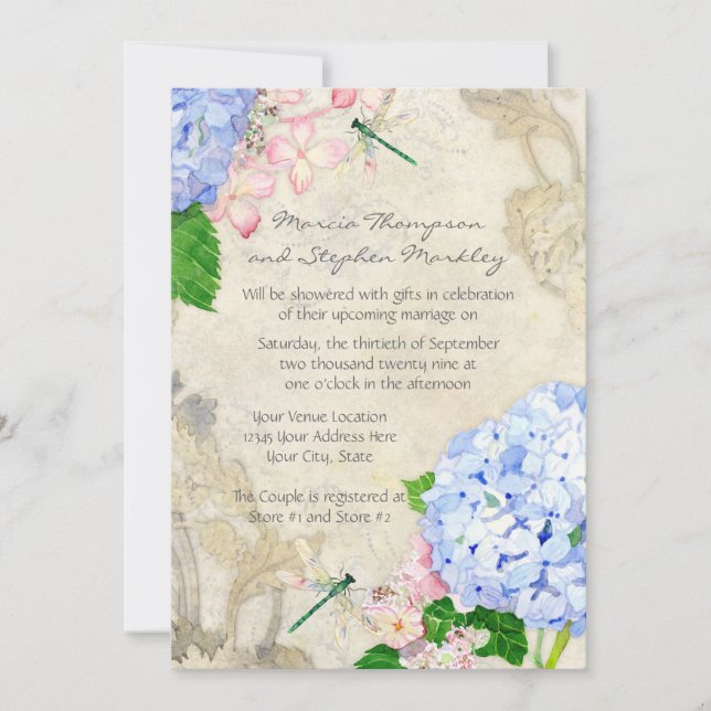 Invitación Jardín inglés, azul y rosa Hydrangeas acuarela (Anverso)