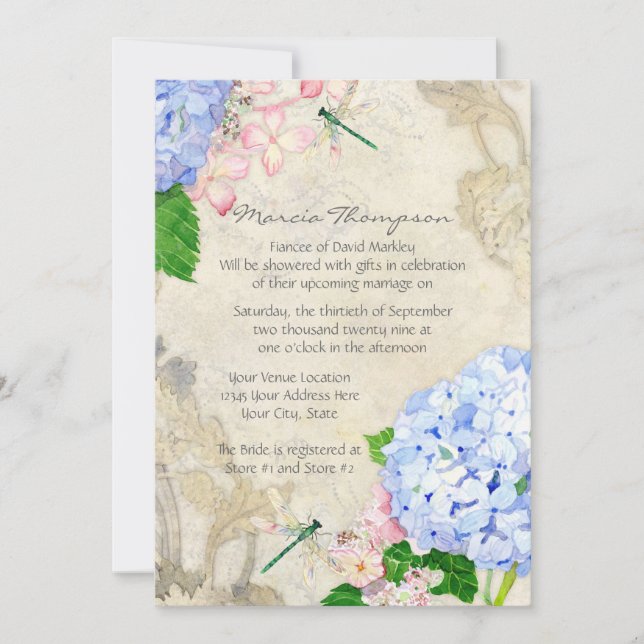 Invitación Jardín inglés, azul y rosa Hydrangeas acuarela (Anverso)