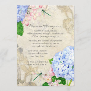 Invitación Jardín inglés, azul y rosa Hydrangeas acuarela