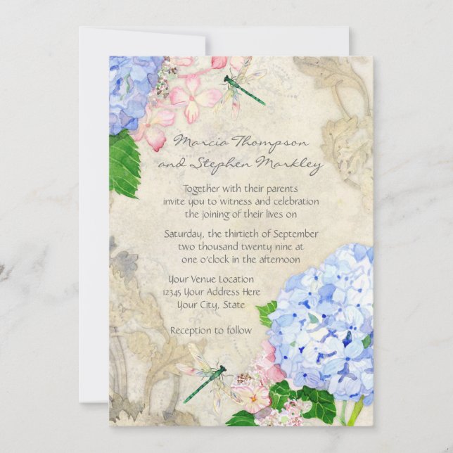 Invitación Jardín inglés, azul y rosa Hydrangeas acuarela (Anverso)