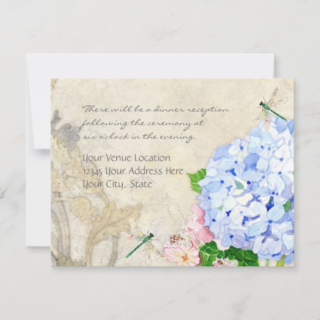 Invitación Jardín inglés, azul y rosa Hydrangeas acuarela (Anverso)
