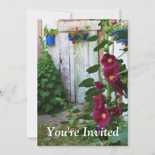 Invitación Jardín inglés malvarrosas y flores (Anverso)
