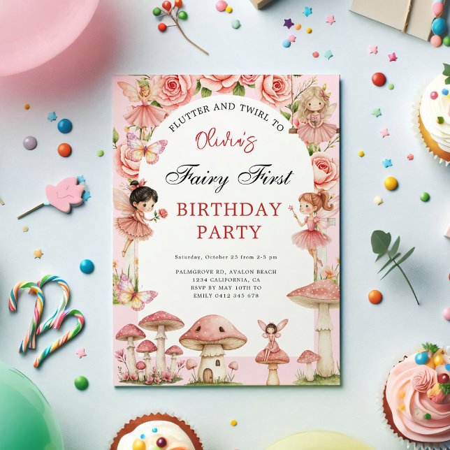 Invitación Jardín mágico Fe Rosa Primer Primer Cumpleaños (Magical Garden Pink Fairies First Birthday Invitation – Watercolor Floral 1st Birthday Party Invite)