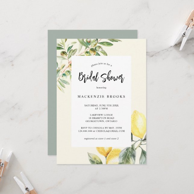 Invitación Jardín Mediterráneo Elegante ducha de novia limón (Anverso/Reverso In Situ)