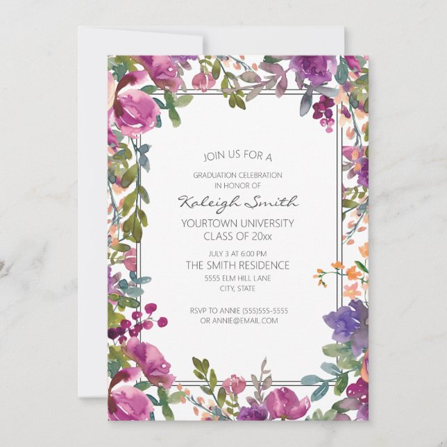 Invitación Jardín Morado Acuarela Floral Blanco Grad Fiesta (Anverso)