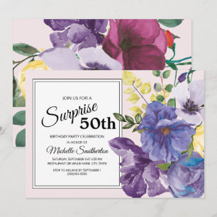 Invitación Jardín Morado Amarillo Floral Rosa 50 cumpleaños