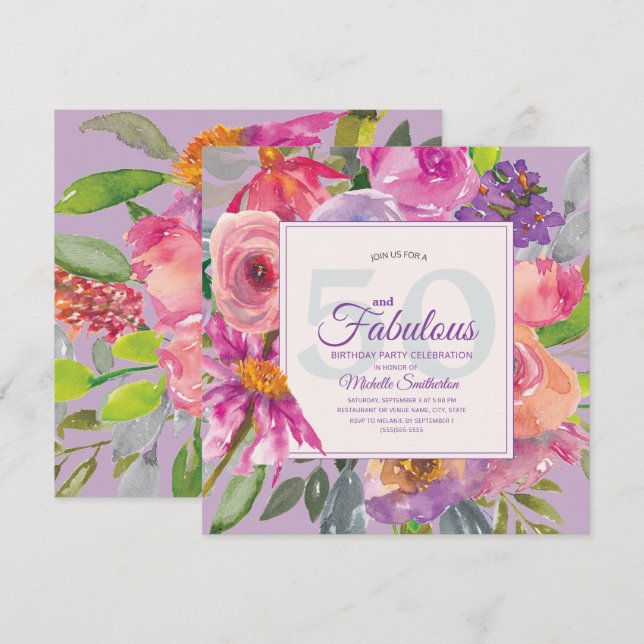 Invitación Jardín Morado Pink Floral 50 y Fabulous (Anverso / Reverso)