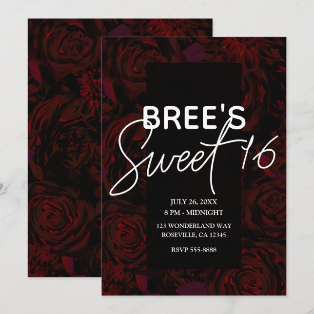 Invitación Jardín Oscuro Flores Rojas Románticas Glam Cumple  (Anverso / Reverso)