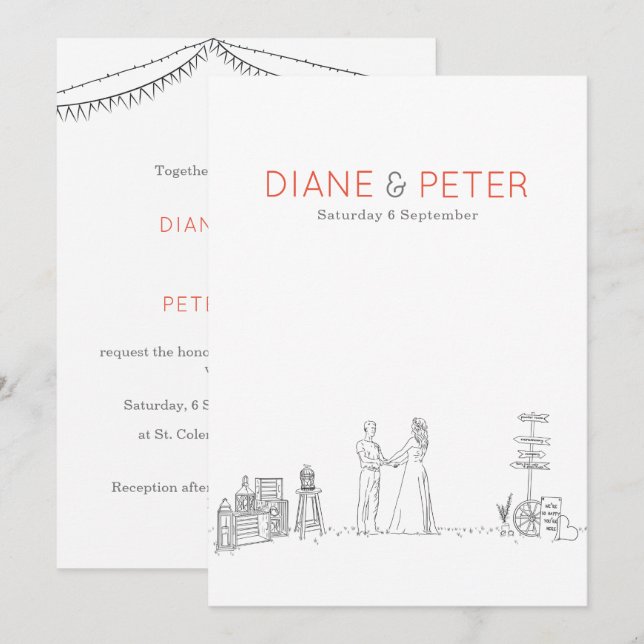 Invitación Jardín Picnic Minimalista Negro y Boda Blanco (Anverso / Reverso)