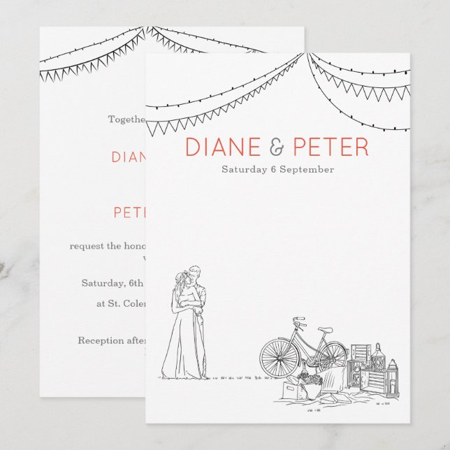 Invitación Jardín Picnic Minimalista Negro y Boda Blanco (Anverso / Reverso)