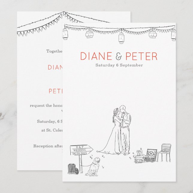 Invitación Jardín Picnic Minimalista Negro y Boda Blanco (Anverso / Reverso)