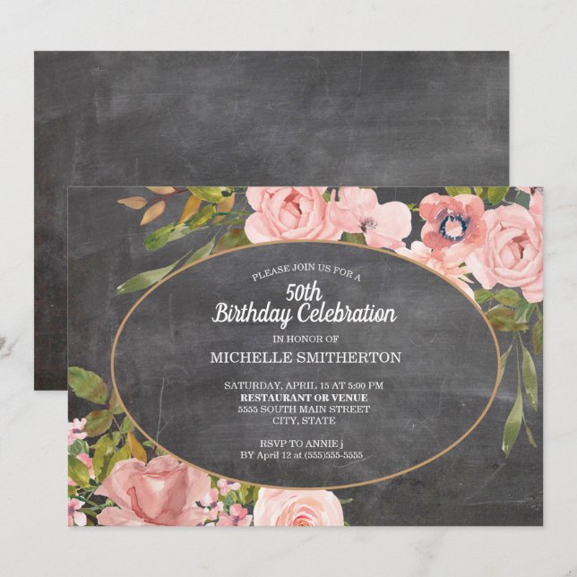 Invitación Jardín Pink Floral Chalkboard 50 cumpleaños (Anverso / Reverso)